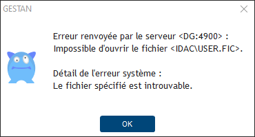s'affiche:
et Gestan se ferme.
Quelqu'un peut me dire la cause de ce message et la solution?
En plus, à chaque fois que je veut me connecter sur la base de donnée c/s, le message suivante apparait et Gestan se ferme: ![msg2.png